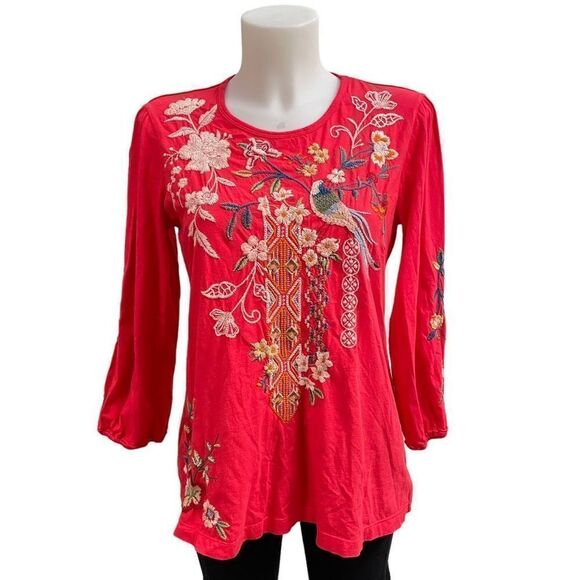 JOHNNY WAS Ellia Puff‎ Sleeve Tee , tangerine front back embroidered size - Picture 1 of 9